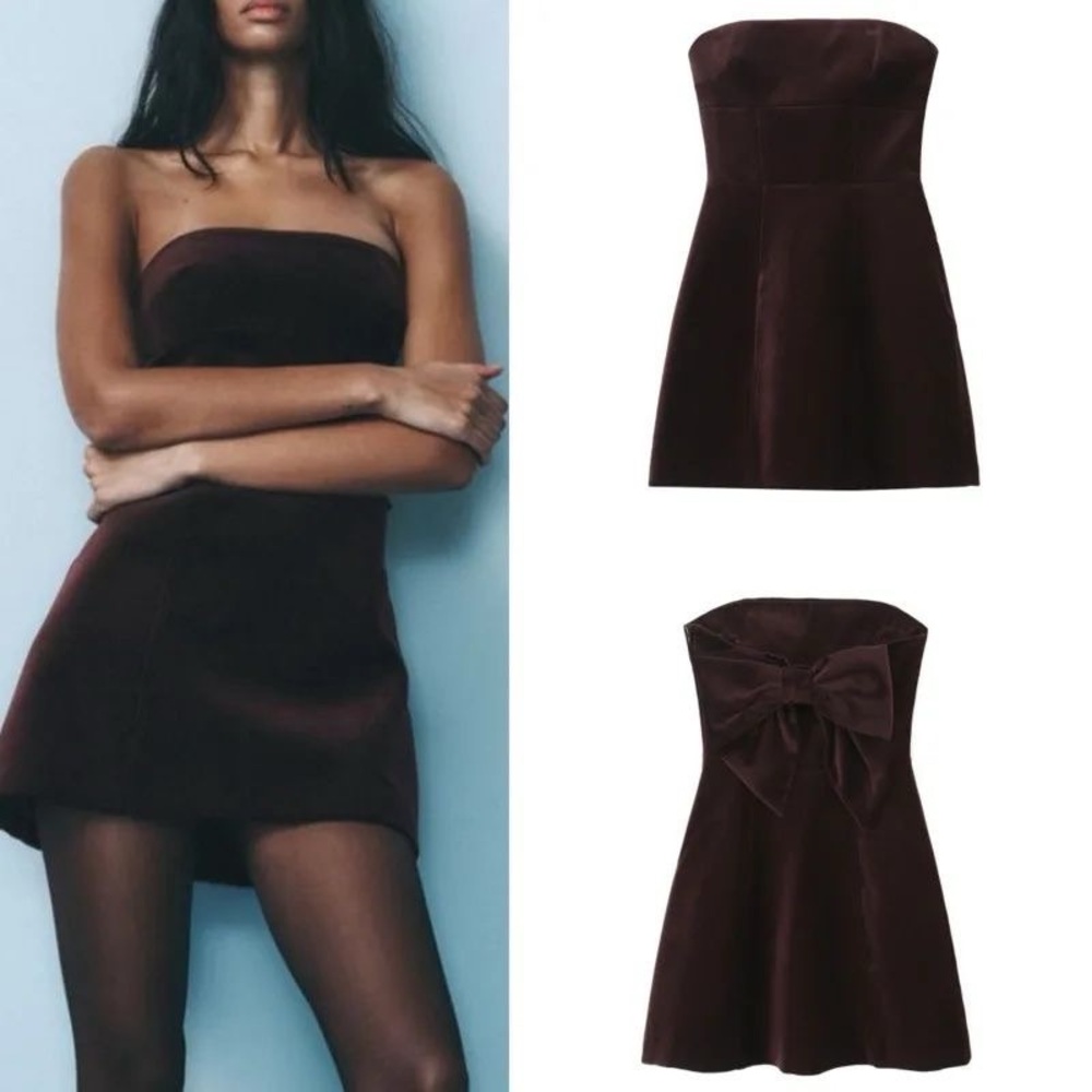 ZARA Velvet Bow Mini Dress — Rich Chocolate Brown